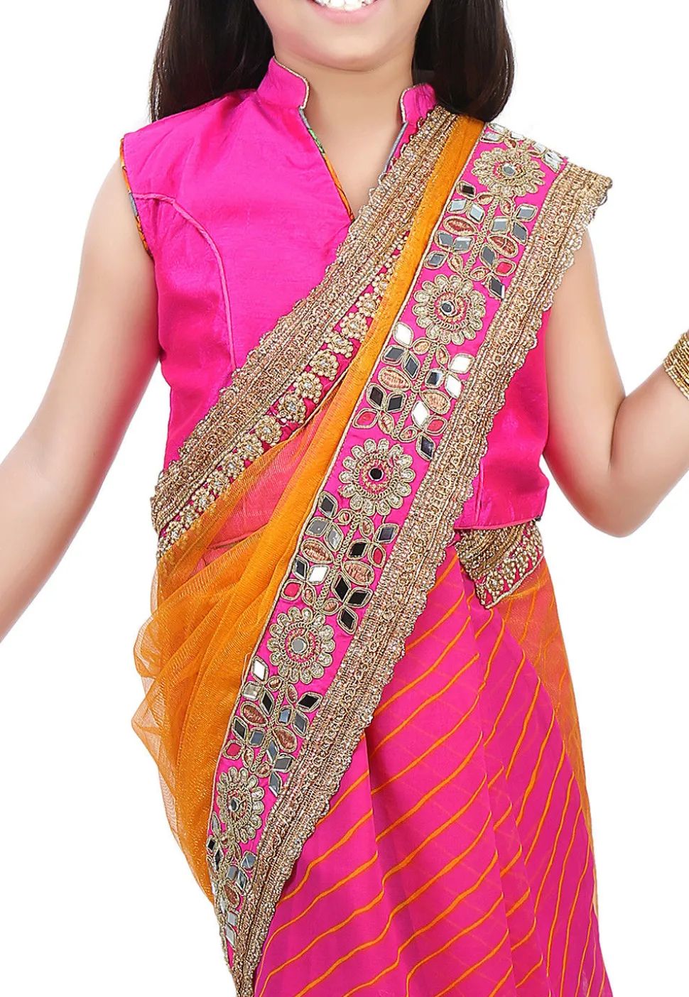 Embroidered Border Net Half N Half Saree in Mustard and Pink