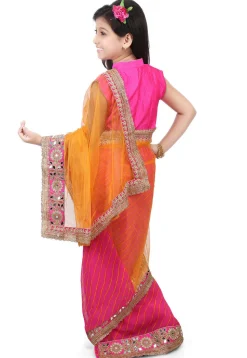 Embroidered Border Net Half N Half Saree in Mustard and Pink