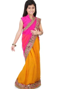 Embroidered Border Net Half N Half Saree in Fuchsia