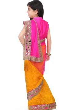 Embroidered Border Net Half N Half Saree in Fuchsia