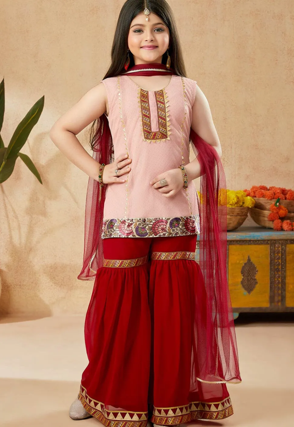 Embroidered Border Net Pakistani Suit in Peach