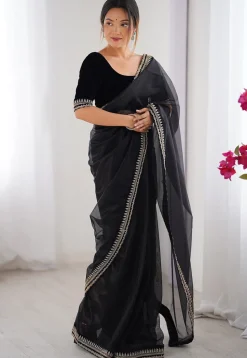 Embroidered Border Net Saree in Black
