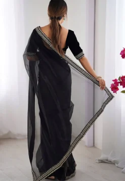 Embroidered Border Net Saree in Black