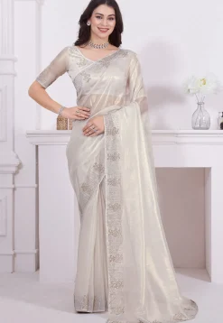 Embroidered Border Net Saree in Off White
