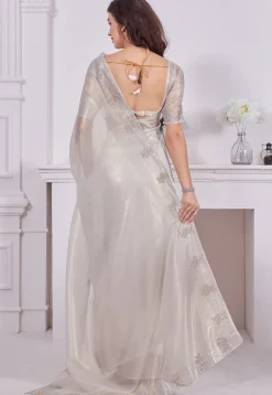 Embroidered Border Net Saree in Off White