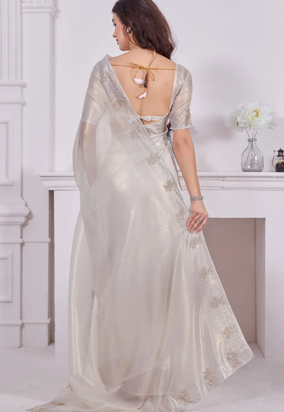 Embroidered Border Net Saree in Off White
