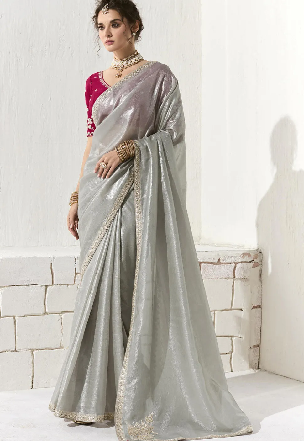 Embroidered Border Organza Saree in Grey