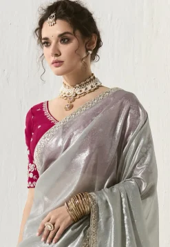 Embroidered Border Organza Saree in Grey