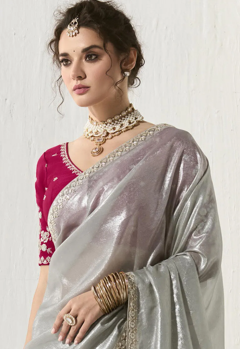 Embroidered Border Organza Saree in Grey