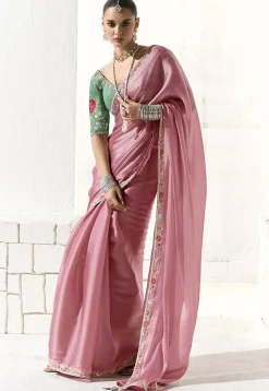 Embroidered Border Organza Saree in Pink