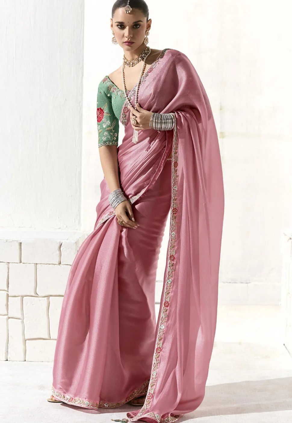 Embroidered Border Organza Saree in Pink