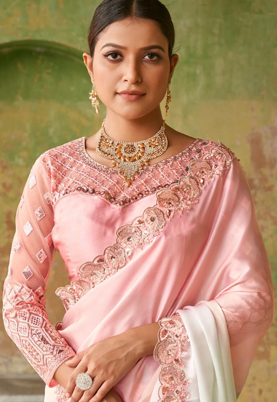 Embroidered Border Satin Saree in Pink and Light Green