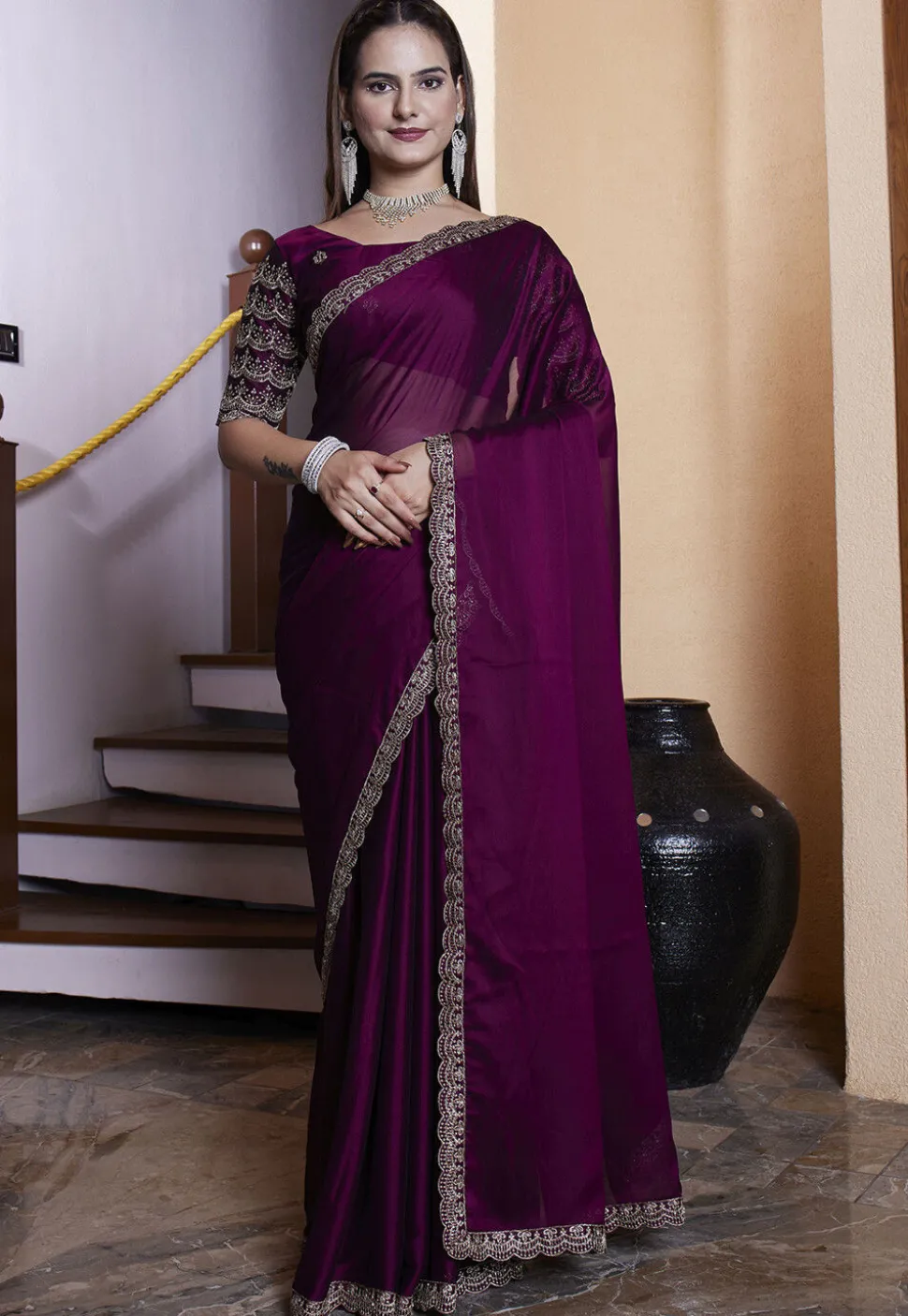 Embroidered Border Satin Georgette Scalloped Saree in Purple