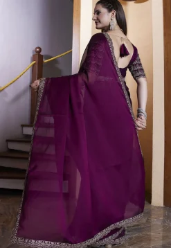Embroidered Border Satin Georgette Scalloped Saree in Purple