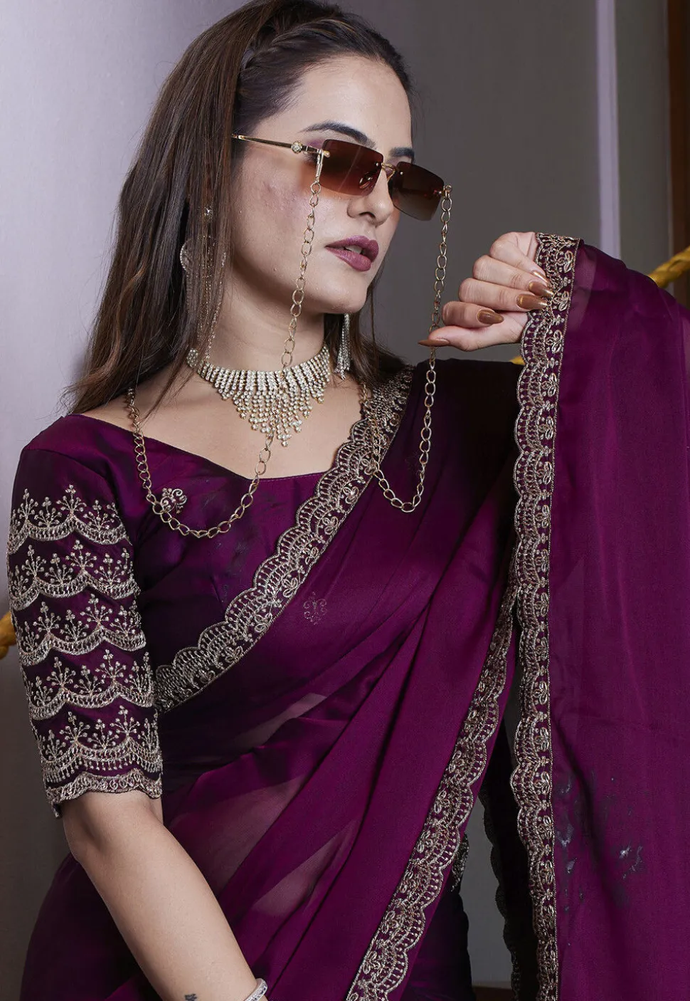 Embroidered Border Satin Georgette Scalloped Saree in Purple