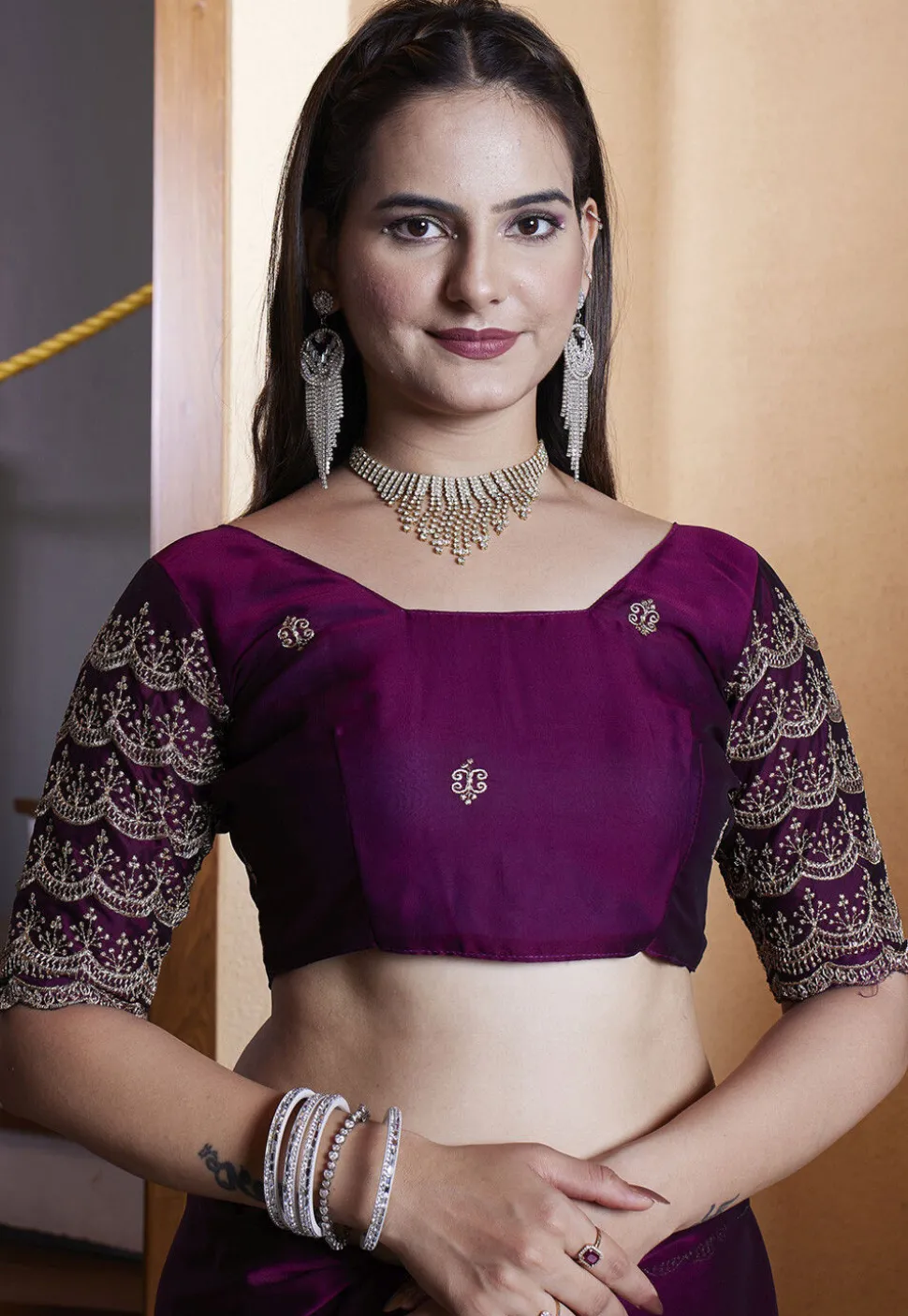 Embroidered Border Satin Georgette Scalloped Saree in Purple