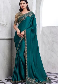 Embroidered Border Satin Georgette Saree in Teal Blue