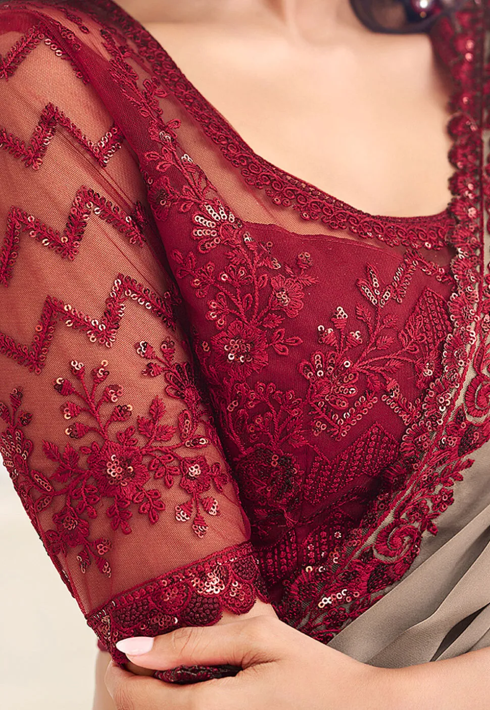 Embroidered Border Satin Scalloped Saree in Beige