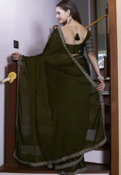 Embroidered Border Satin Georgette Scalloped Saree in Olive Green