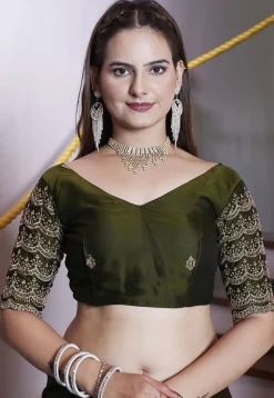 Embroidered Border Satin Georgette Scalloped Saree in Olive Green