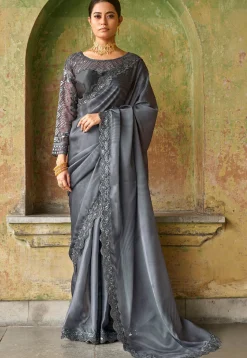 Embroidered Border Satin Saree in Grey
