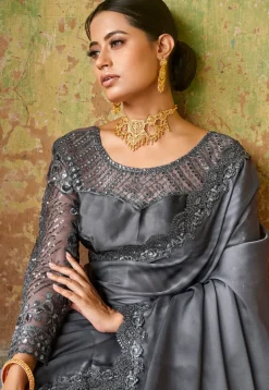 Embroidered Border Satin Saree in Grey