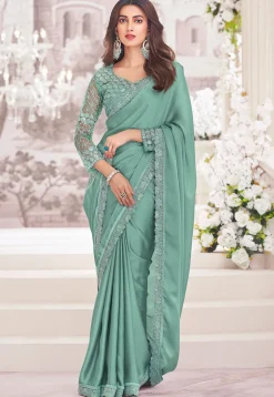 Embroidered Border Satin Georgette Saree in Sea Green