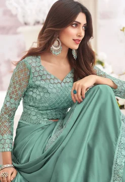Embroidered Border Satin Georgette Saree in Sea Green