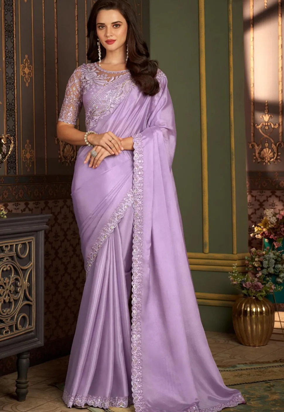 Embroidered Border Satin Georgette Saree in Purple