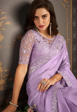 Embroidered Border Satin Georgette Saree in Purple