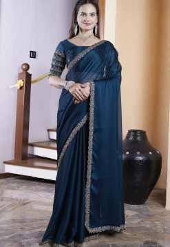 Embroidered Border Satin Georgette Scalloped Saree in Teal Blue
