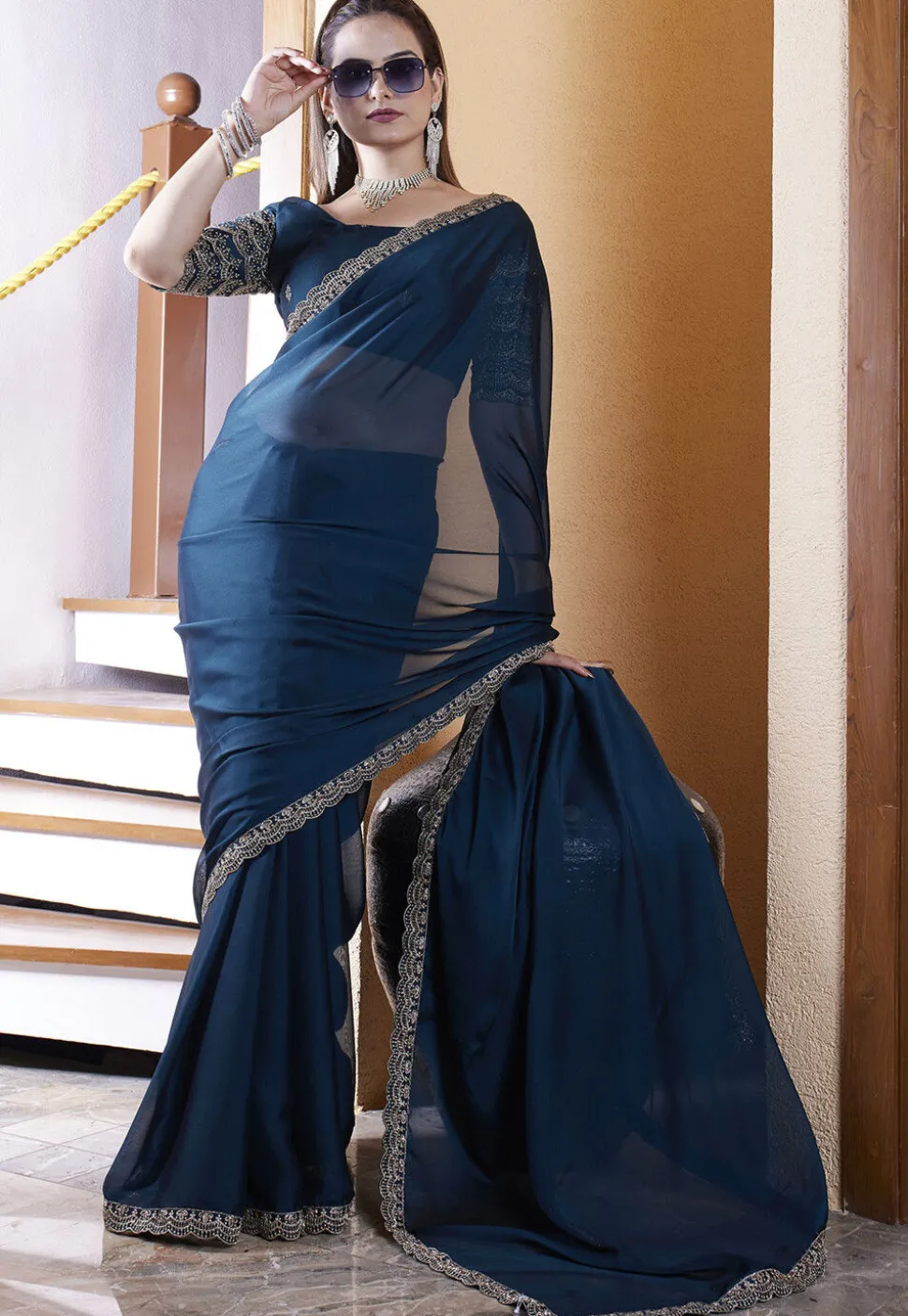 Embroidered Border Satin Georgette Scalloped Saree in Teal Blue