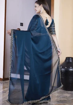 Embroidered Border Satin Georgette Scalloped Saree in Teal Blue