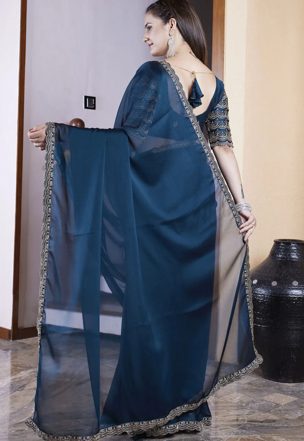 Embroidered Border Satin Georgette Scalloped Saree in Teal Blue