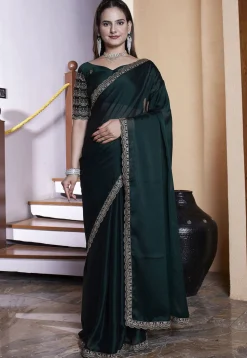 Embroidered Border Satin Georgette Scalloped Saree in Dark Green