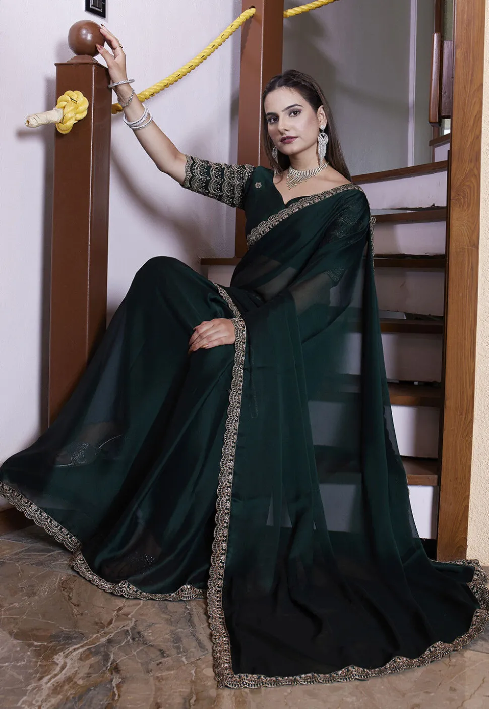 Embroidered Border Satin Georgette Scalloped Saree in Dark Green