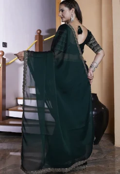 Embroidered Border Satin Georgette Scalloped Saree in Dark Green