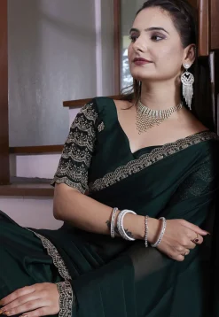 Embroidered Border Satin Georgette Scalloped Saree in Dark Green