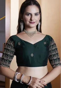 Embroidered Border Satin Georgette Scalloped Saree in Dark Green