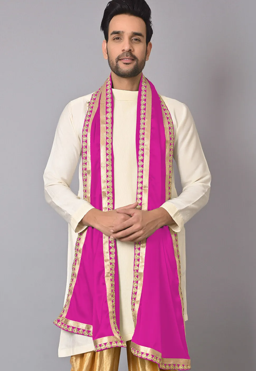 Embroidered Border Satin Men Dupatta in Magenta