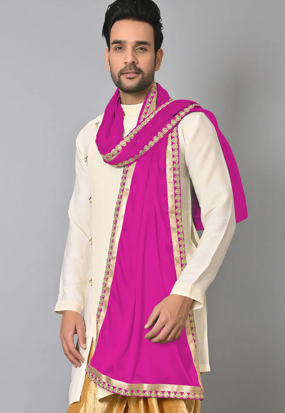 Embroidered Border Satin Men Dupatta in Magenta