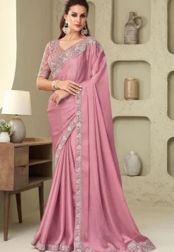Embroidered Border Satin Georgette Saree in Pink