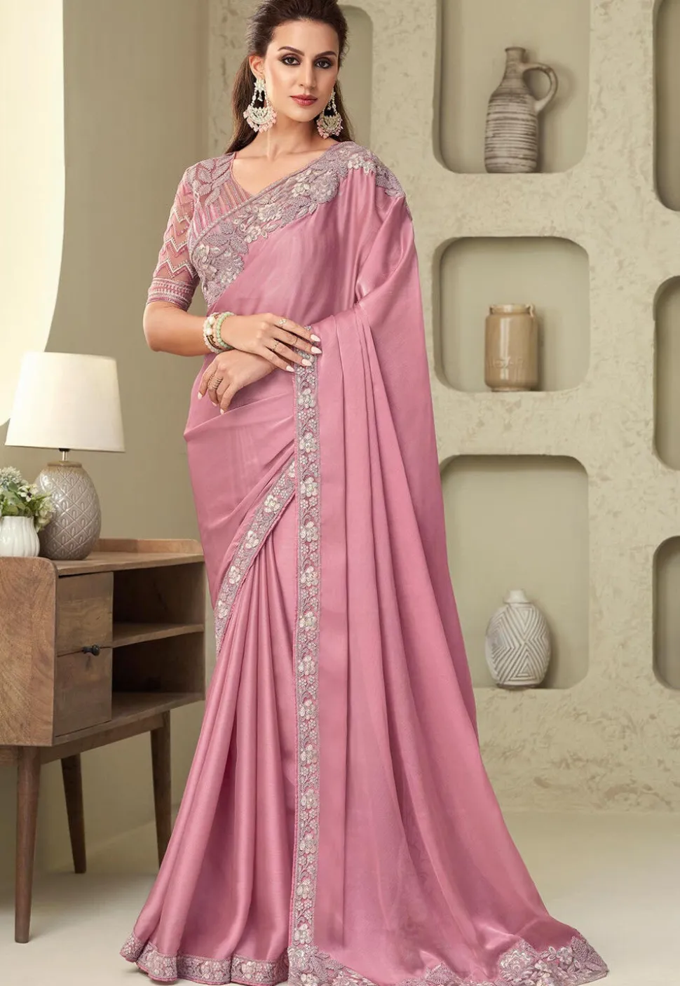 Embroidered Border Satin Georgette Saree in Pink