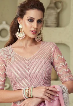 Embroidered Border Satin Georgette Saree in Pink