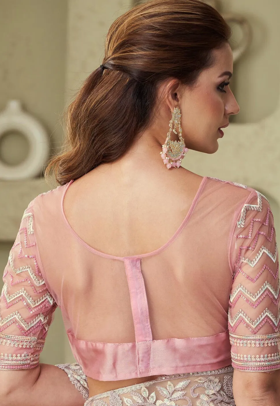 Embroidered Border Satin Georgette Saree in Pink