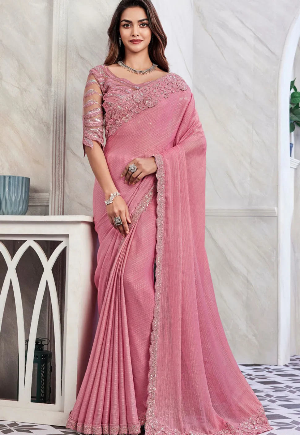 Embroidered Border Satin Chiffon Saree in Pink