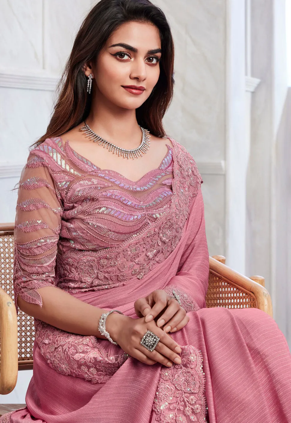 Embroidered Border Satin Chiffon Saree in Pink