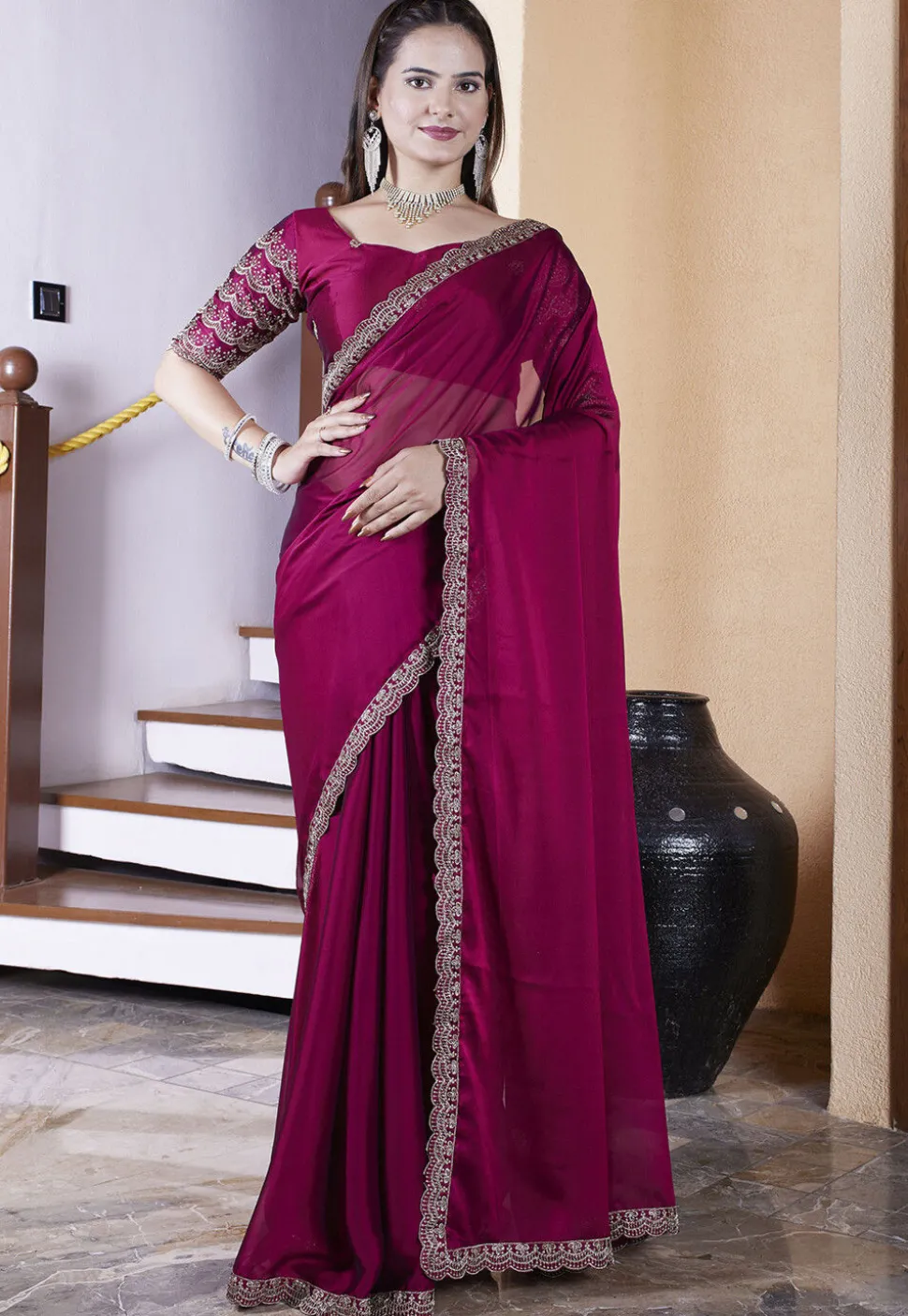 Embroidered Border Satin Georgette Scalloped Saree in Magenta