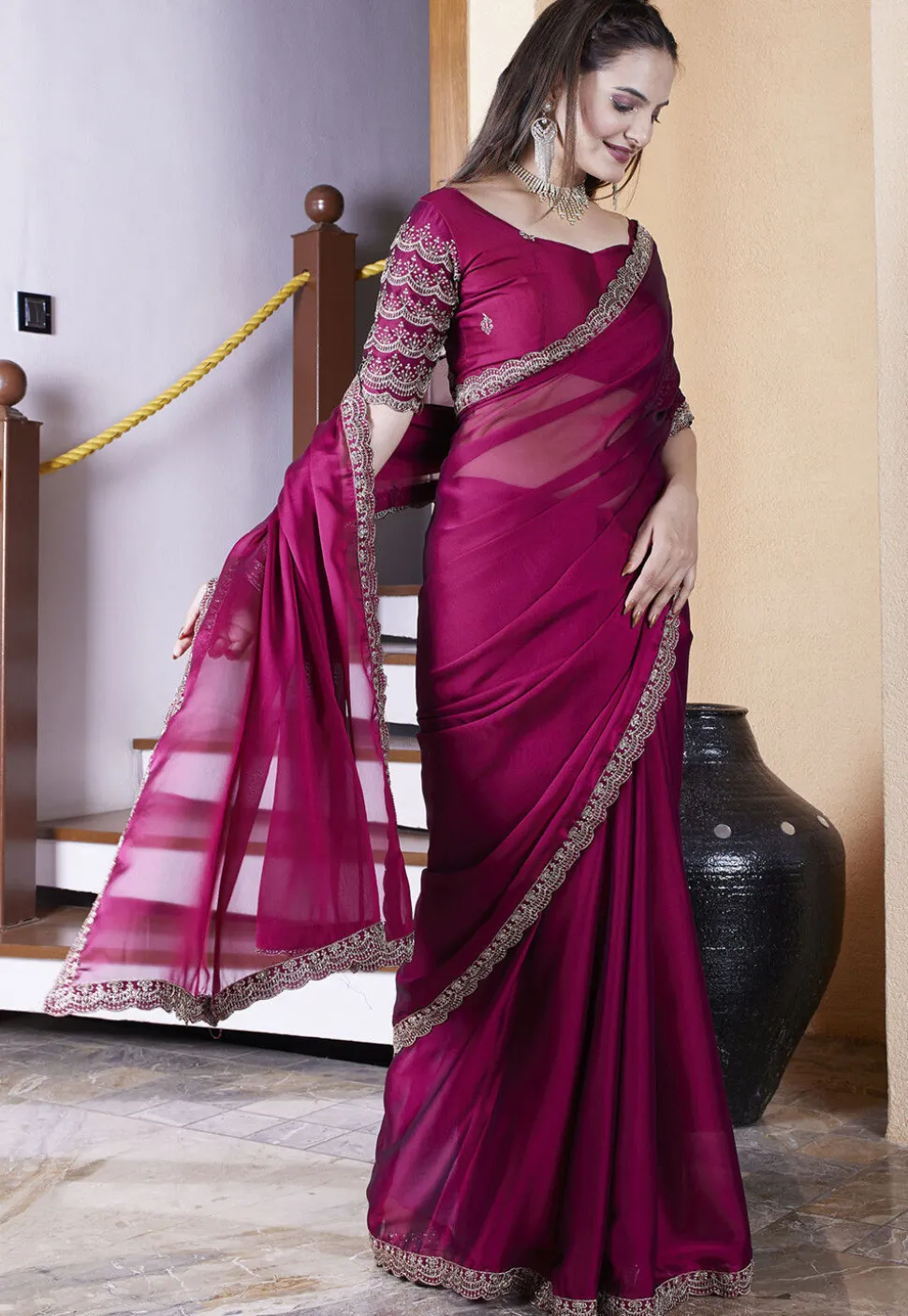 Embroidered Border Satin Georgette Scalloped Saree in Magenta