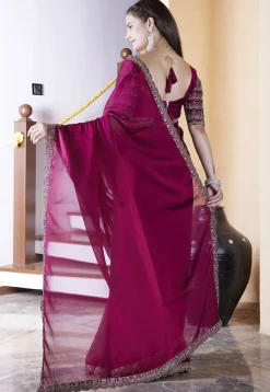 Embroidered Border Satin Georgette Scalloped Saree in Magenta